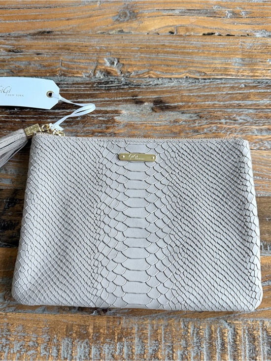 GiGi New York Handbags - GiGi New York Light Taupe Snake-Embossed Leather Clutch with Tassel